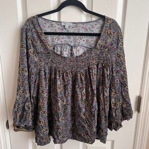 Floral & Ivy Paisley Blouse Top‎ XL Blue Red Gold Smocked Square Neck 3/4 Sleeve